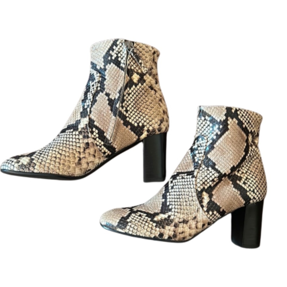 Leather ‘Snakeskin’ Ankle Chunky Heel Italian Boots, Black / Beige